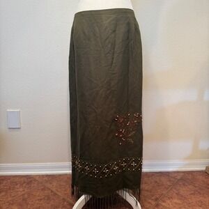 Olive Green Linen Blend Embroidered Beaded Fringe Maxi Skirt Size 14 Boho